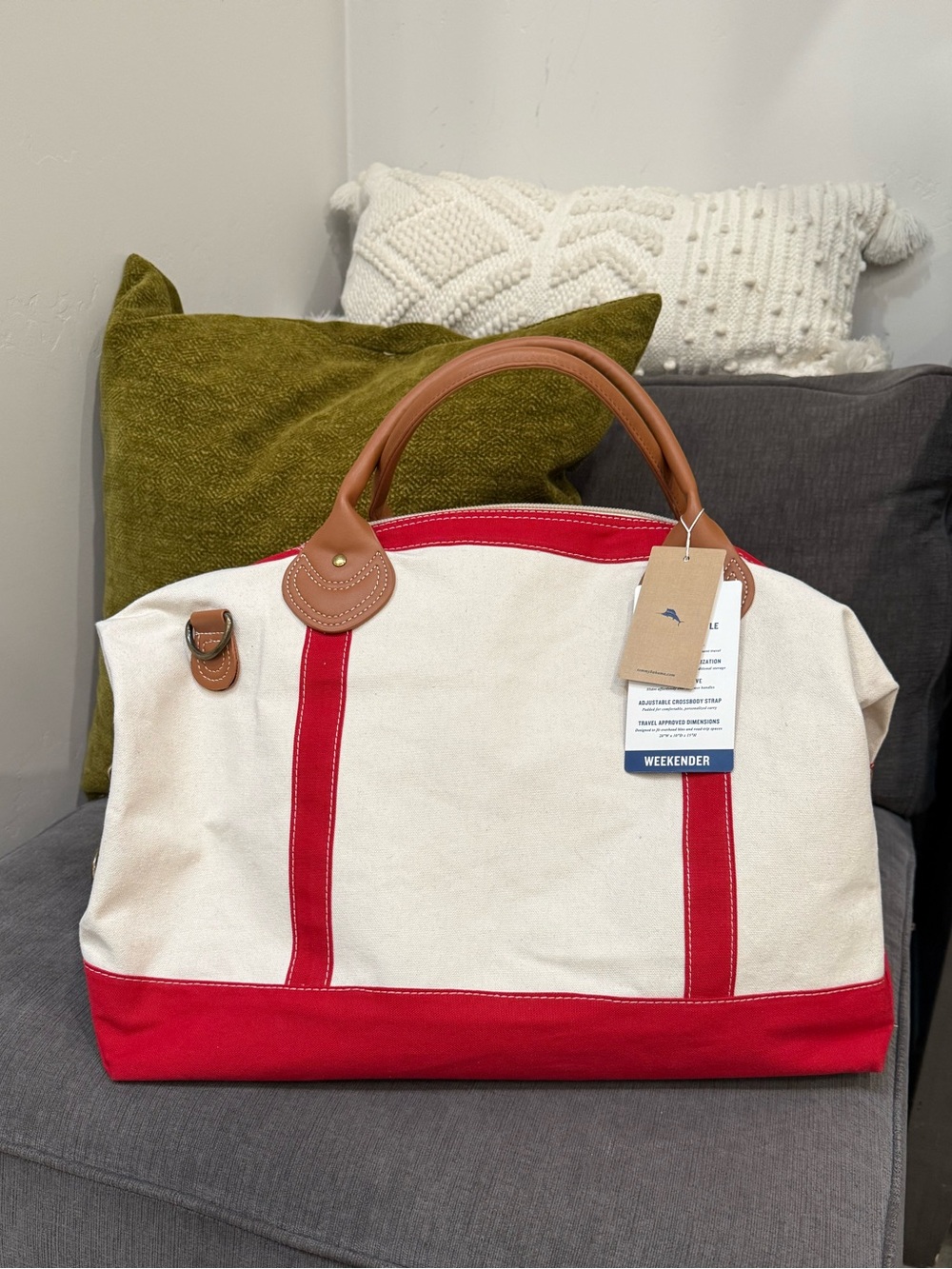 NWT Tommy Bahama Red & Cream Weekender Canvas Bag
